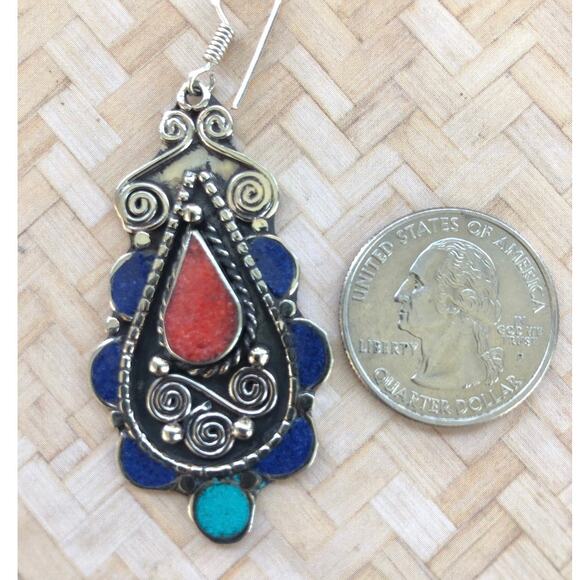 Tibetan Silver Turquoise Lapis Lazuli & Red Coral Dangle Earrings - Picture 3 of 5